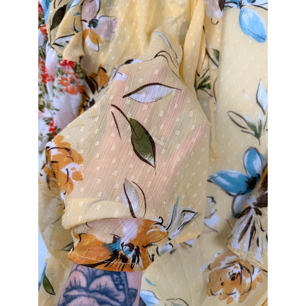 Adora Yellow Floral Clip Dot Kimono Wrap Top Mixed Print Ruffle Sleeve USA Made - Picture 4 of 5